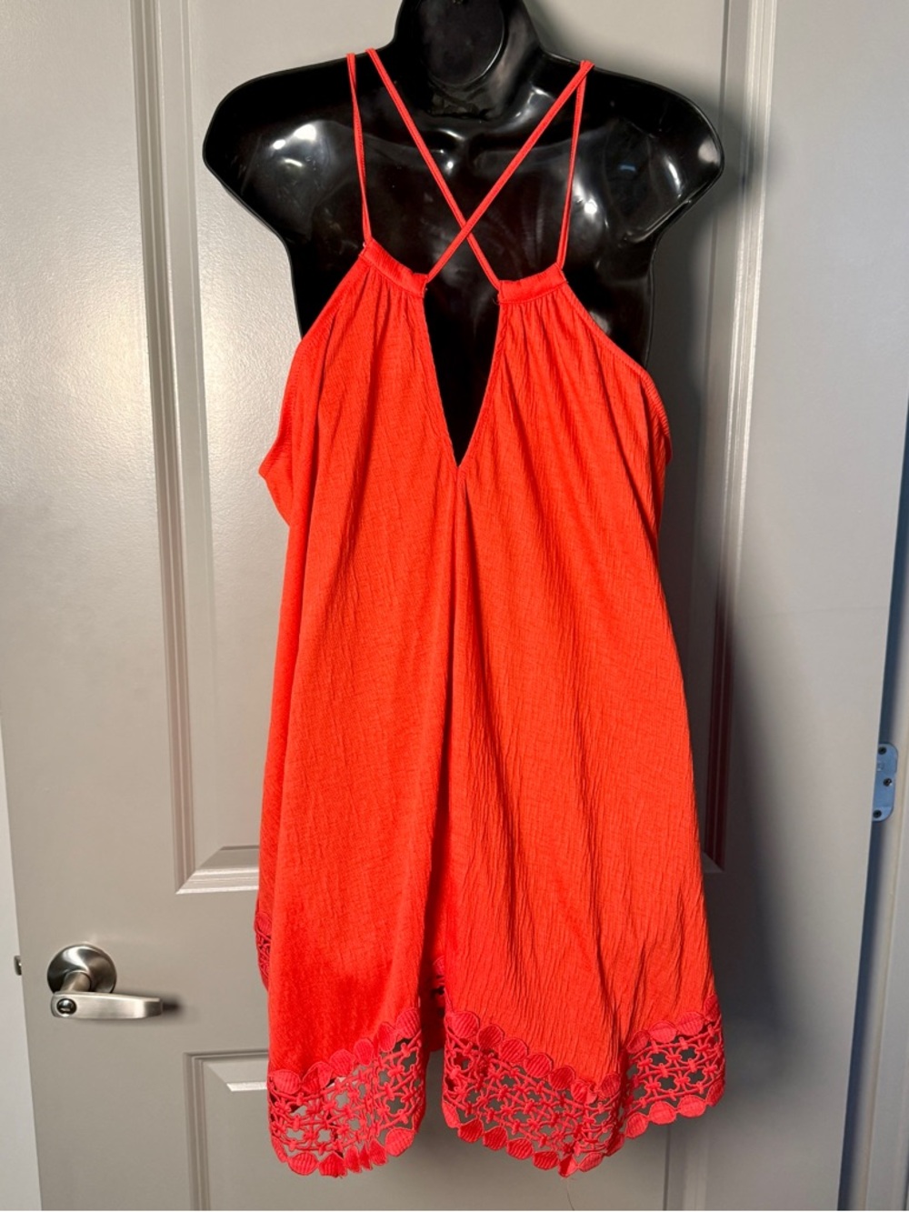Lane Bryant Coral Crinkle Tassel Tie Beach Coverup Crochet Lace Hem Size 14/16 - Picture 4 of 5